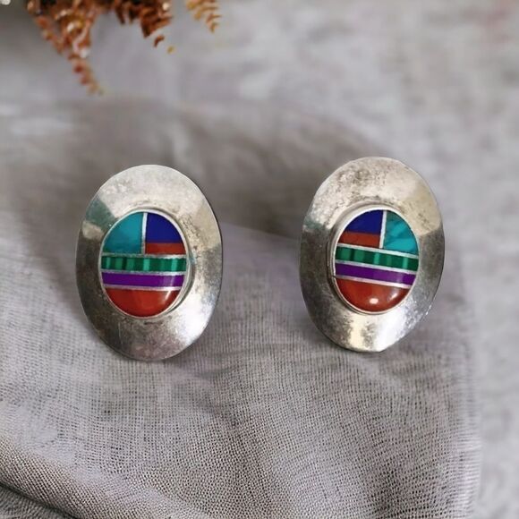 Mosaic Sterling Silver & Multi-color Stone Pierced Earrings - Picture 1 of 7